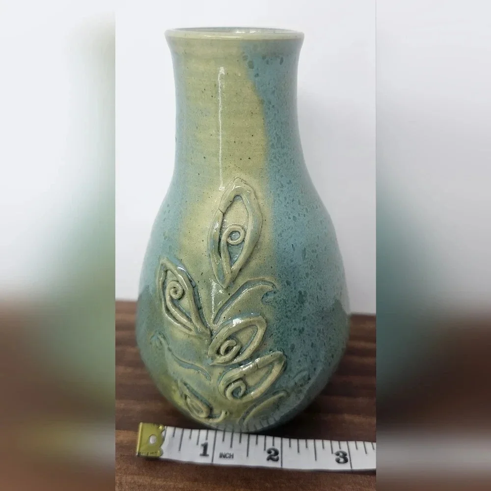Handmade Pottery Vase Signed By Lana? Green Blue Textured Floral Detailed 6x3